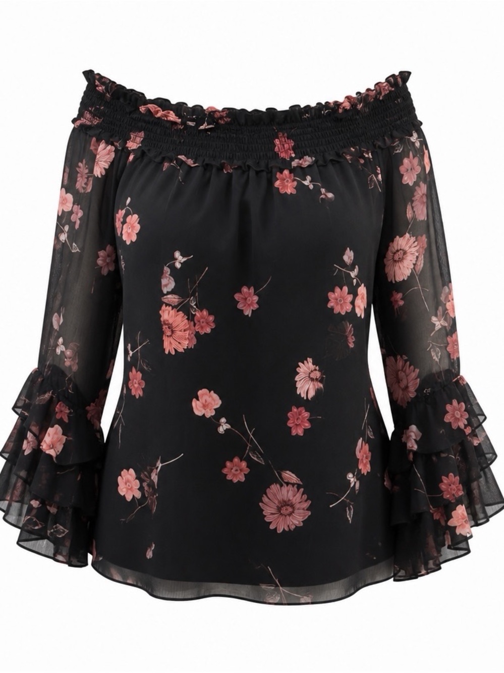 CeCe Black Floral Off-the-Shoulder Ruffle Bell Sleeve Blouse